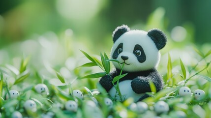 A cute panda bear plush toy sits in a field of green grass.