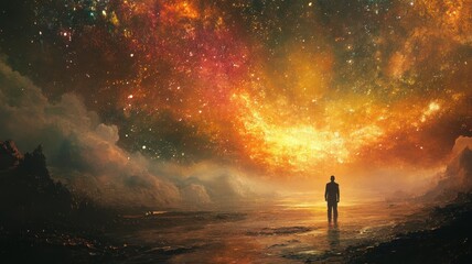 Fototapeta premium A silhouette of a person standing in awe beneath a vibrant cosmic sky filled with stars and otherworldly colors.