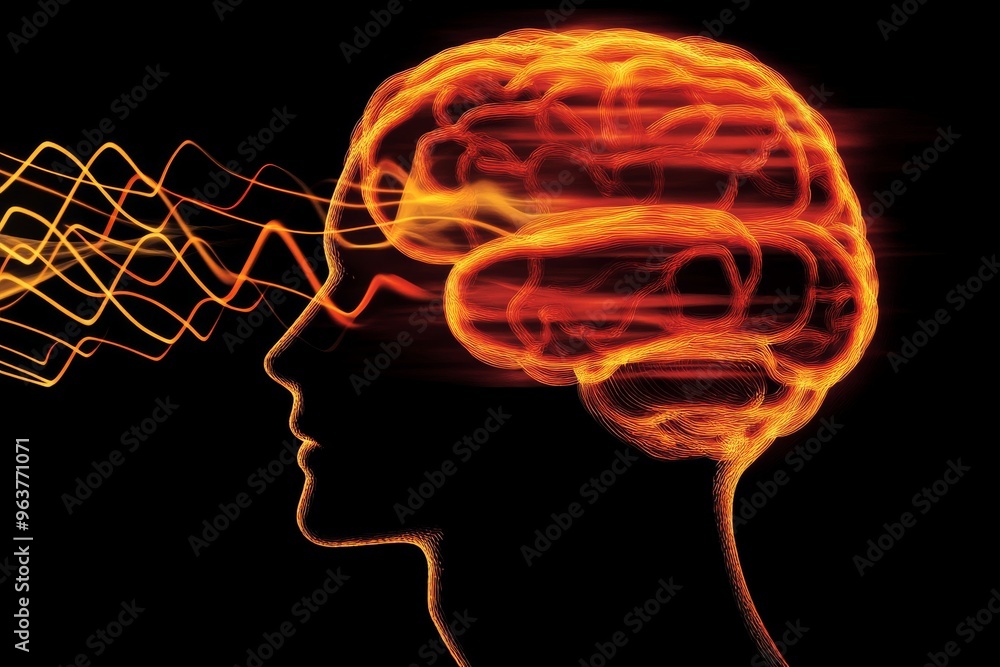 Poster cognitive function brain impulse surreal conceptual profile of two human heads with glowing orange b