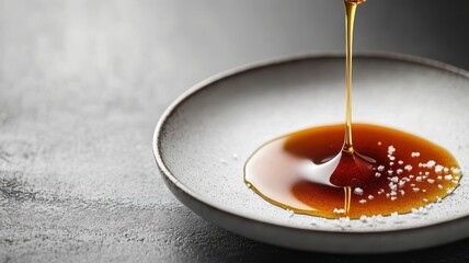 A close-up of rich, golden syrup dripping onto a plate with a sprinkle of salt, showcasing texture and color contrasts.
