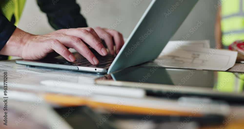 Poster man, laptop and builder hands for plan on construction site, design layout and email client. person,