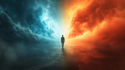 Fototapeta premium A figure stands between contrasting skies of blue and red, symbolizing choice and duality in a surreal landscape.