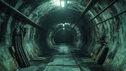 A dimly lit underground tunnel with an eerie atmosphere and rusty walls, perfect for horror or urban exploration concepts.