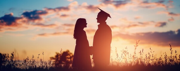 A graduate and partner embrace at sunset, celebrating achievement and love in a beautiful outdoor setting.