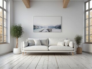 White Sofa in a Minimalist Living Room with a Landscape Painting