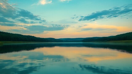Obraz premium Tranquil lake reflecting twilight sky, soft glow of evening blending with magical colors, peaceful and enchanting natural beauty surrounding calm waters