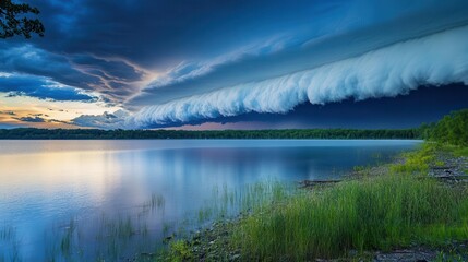 Obraz premium Storm clouds moving in over a calm lake, approaching weather, impending storm