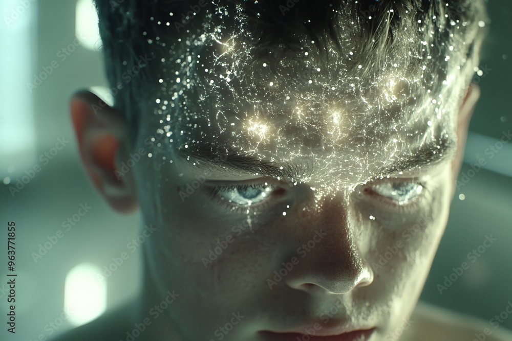 Poster visual cortex brain input surreal portrait of a young man with glittering particles surrounding his 