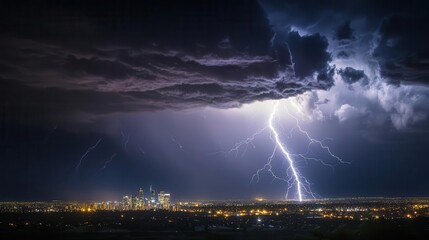 Thunderstorm with lightning striking a distant city skyline, extreme weather, electrifying atmosphere