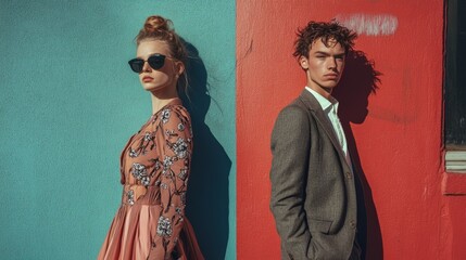 Fashion disparity captured: photograph a duo with one in stylish, high-cost designer wear and the other in worn, budget-friendly clothing