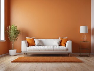 White Sofa in a Minimalist Living Room with Orange Accents