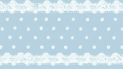 Light blue background with white polka dots and lace border, seamless pattern, pastel color palette