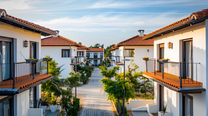 "Symmetrical rows of holiday villas in a luxurious resort complex under a clear blue sky."