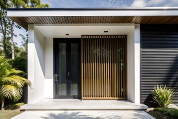 Modern main entrance door, bali villa style at forest with blue sky background.