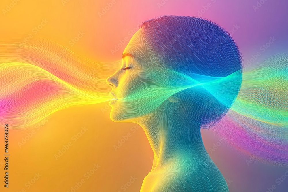 Poster cognitive process brain input surreal conceptual portrait of a woman with colorful flowing waves sym