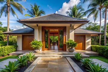Fototapeta premium Modern main entrance door, bali villa style at forest with blue sky background.
