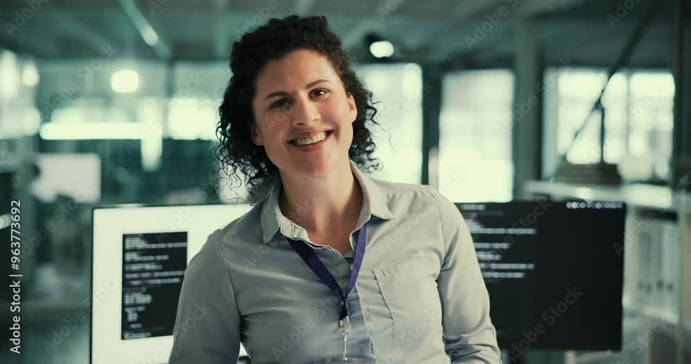 Aufkleber computer, tablet and portrait of woman in coding with confidence, innovation and ai research in labo