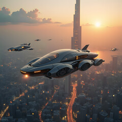 Obraz premium Futuristic Metropolis with Flying Robots and Advanced Vehicles