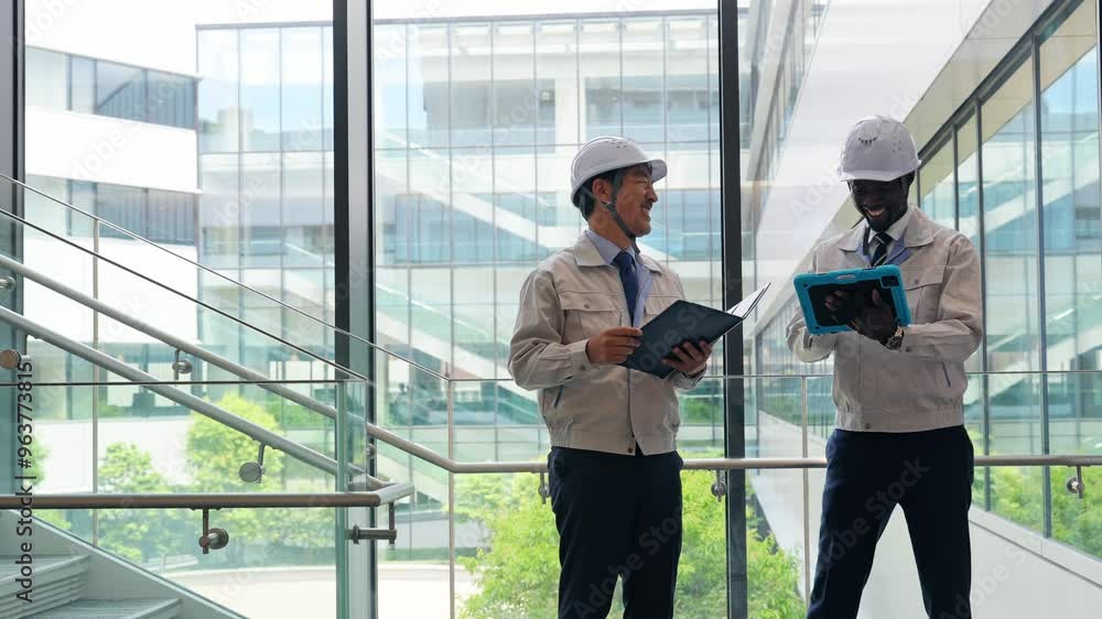 Aufkleber group of multinational engineers having a conversation in a building