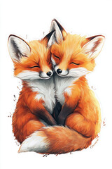 Obraz premium fox animal wildlife cute nature couple illustration furry baby foxes friendship adorable art portrait love orange playful sitting cartoon style forest children’s book 