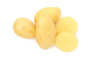 Fresh whole and cut potatoes isolated on white, top view