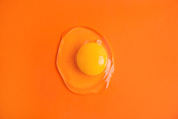 One raw egg on orange background, top view