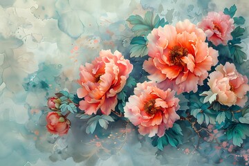 A painting of pink flowers with green leaves