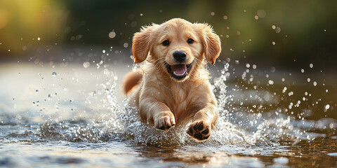 A cute golden retriever puppy running through the water, generative AI