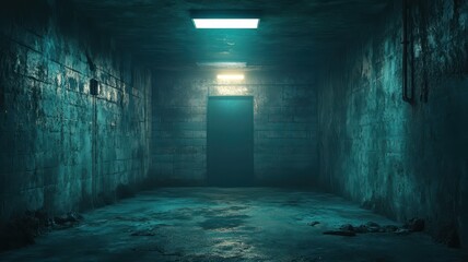 Dimly lit corridor with eerie atmosphere and concrete walls, perfect for horror or suspense themes.