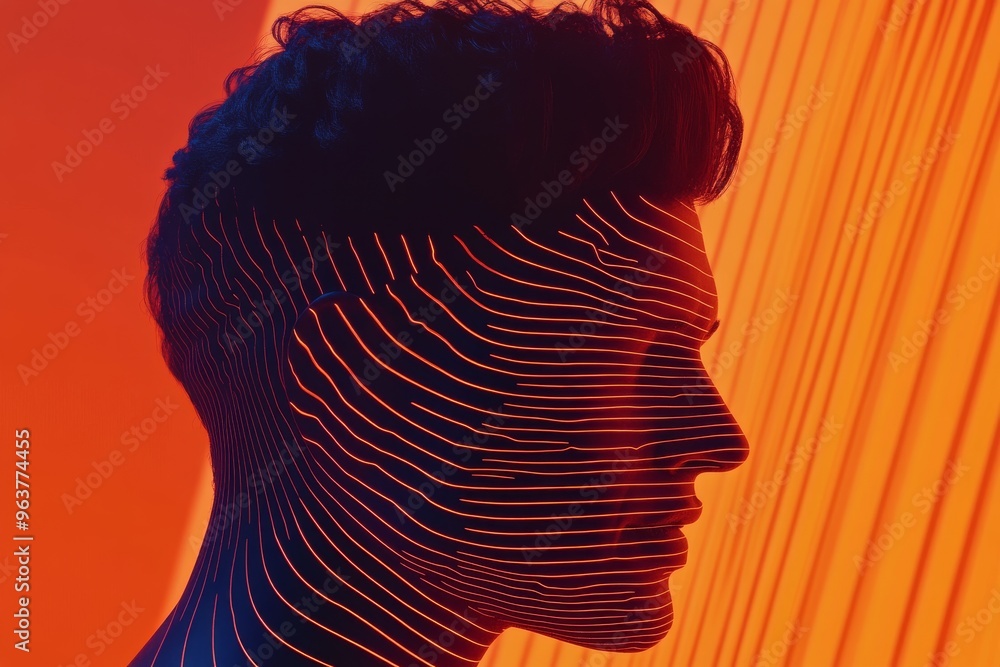 Poster limbic system brain vision conceptual side profile of a person with glowing red lines symbolizing ne
