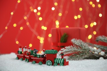 Different Christmas festive decor on artificial snow