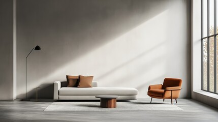 Modern interior featuring a white sofa, orange chair, and large windows showcasing natural light in a minimalist space.