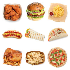 Different tasty fast food isolated on white, collection