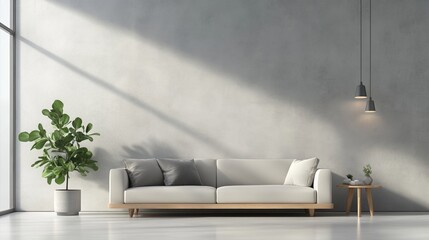 Modern living room with a stylish sofa, decorative plant, and soft lighting creating a cozy atmosphere.