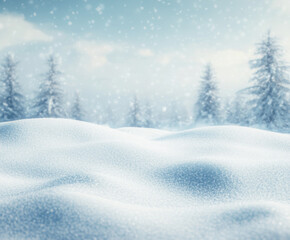Fototapeta premium Snowy landscape with soft snowdrifts and gentle falling snow, set against a blurred background of winter trees and a cloudy sky