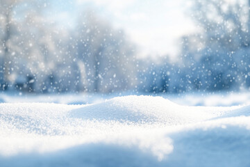 Fototapeta premium Snowy landscape with soft snowdrifts and gentle falling snow, set against a blurred background of winter trees and a cloudy sky