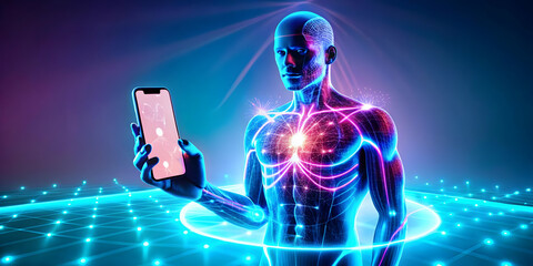 Futuristic 3D Neon Abstract Art: Person Managing Diabetes with Smartphone App - Glowing Interface & Digital Patterns