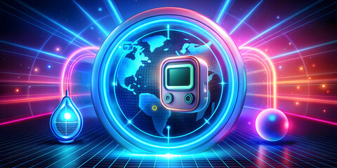 3D Neon Abstract Digital Art for Diabetes Awareness Campaign - Vibrant Glowing Background with Blue Circle and Glucose Meter Symbols for World Diabetes Day