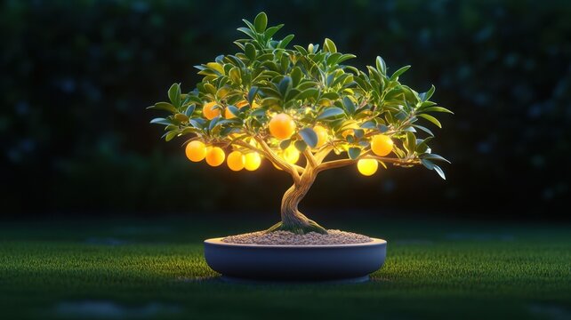 A vibrant bonsai tree adorned with glowing oranges, creating a serene and enchanting atmosphere in a lush garden.