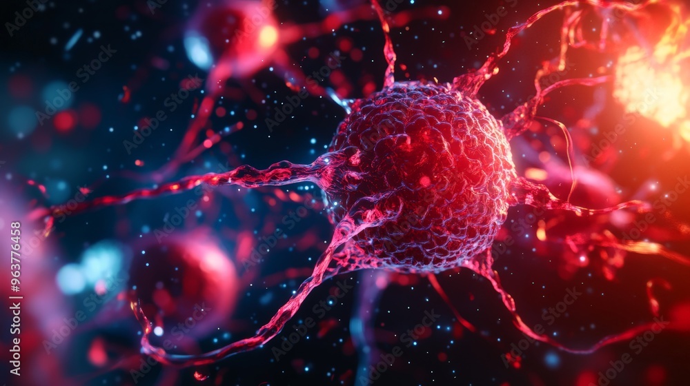 Poster a detailed, colorful 3d rendering of a neuron, highlighting neural networks and synaptic connections