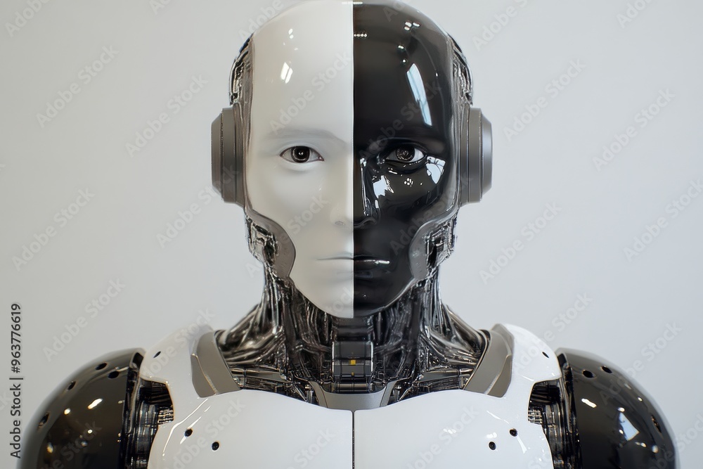 Poster ai human cyborg conceptual portrait of a humanoid robot with a sleek metallic exterior symbolizing a