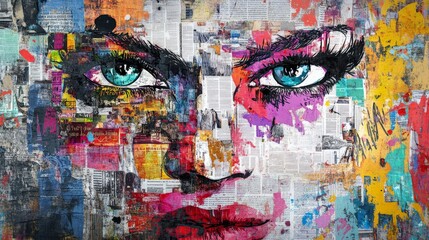 Fototapeta premium A vibrant, abstract collage featuring a woman's face with striking blue eyes, blending modern art and contemporary design elements.