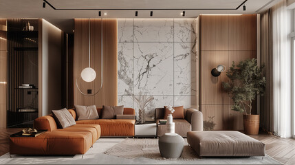 Quiet luxury living space with a combination of natural textures, including leather, wood, and wool, set against a soft, neutral color palette.