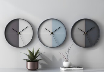 Three wall clocks with simple designs, each featuring two hands and one white face in the center of which is a single line representing time, creating an atmosphere of calmness and minimalism.
