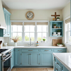 Modern Blue Kitchen with Wooden Accents and Sleek Design