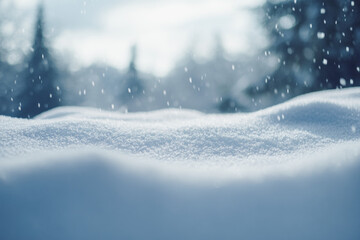 Obraz premium Snowy landscape with soft snowdrifts and gentle falling snow, set against a blurred background of winter trees and a cloudy sky