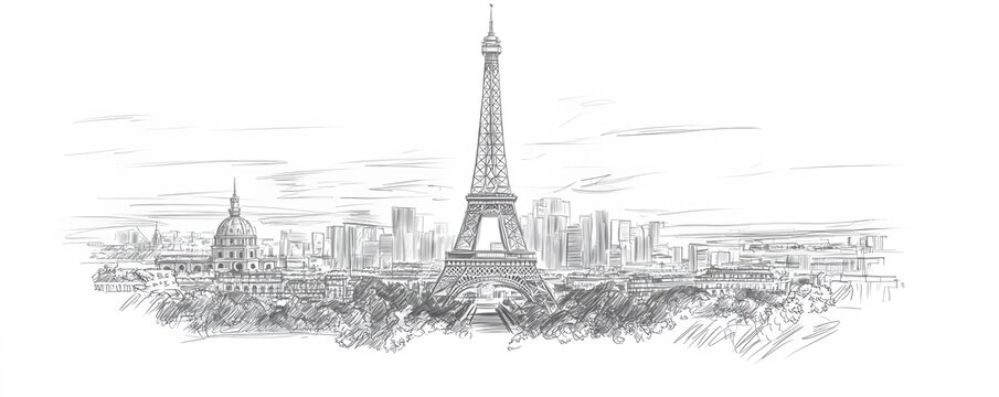Hand-Drawn Sketch of the Eiffel Tower and Paris Skyline