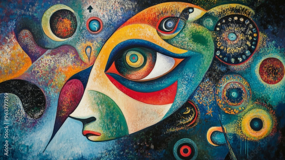 Poster a vivid, abstract painting featuring a surreal face with colorful geometric shapes and intricate pat