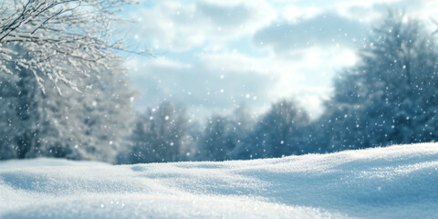 Snowy landscape with soft snowdrifts and gentle falling snow, set against a blurred background of winter trees and a cloudy sky