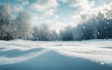 Snowy landscape with soft snowdrifts and gentle falling snow, set against a blurred background of winter trees and a cloudy sky